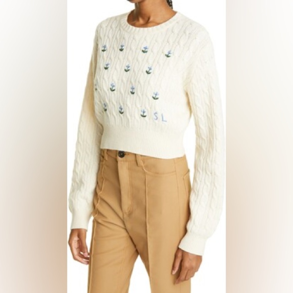 Sandy Liang Floral Embroidered Cable Knit Crop Half Sweater in Panna Cotta, S - Picture 8 of 9